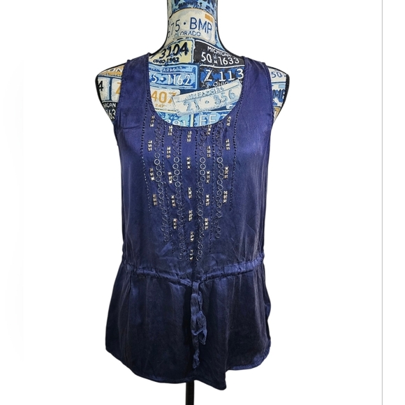 Forever 21 Tops - Forever 21 Navy Blue 100% Silk Tank Embellished Tie Waist